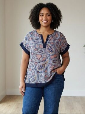 J. Crew Paisley Mixed Media Split Neck Blouse Top Blue Orange Size Large